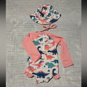 Dinosaur print bathing suit and matching hat (0-3M)